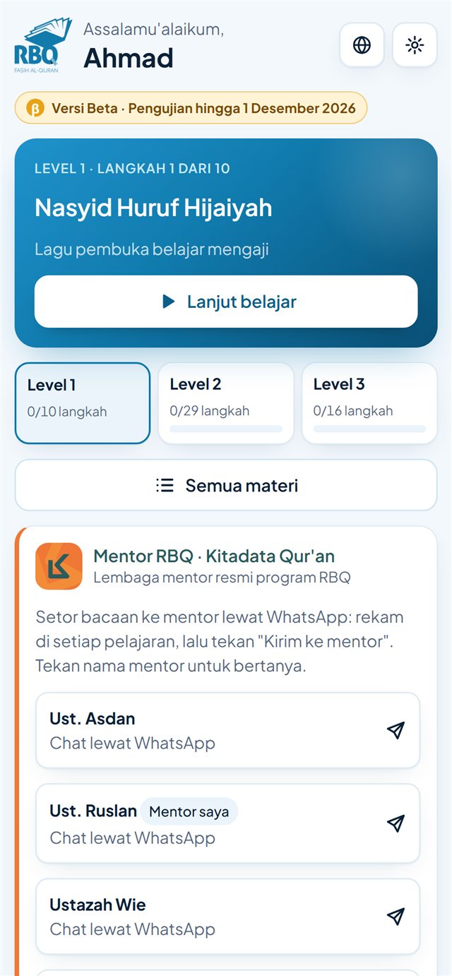 Beranda aplikasi RBQ Ngaji dengan langkah belajar berikutnya dan tiga level